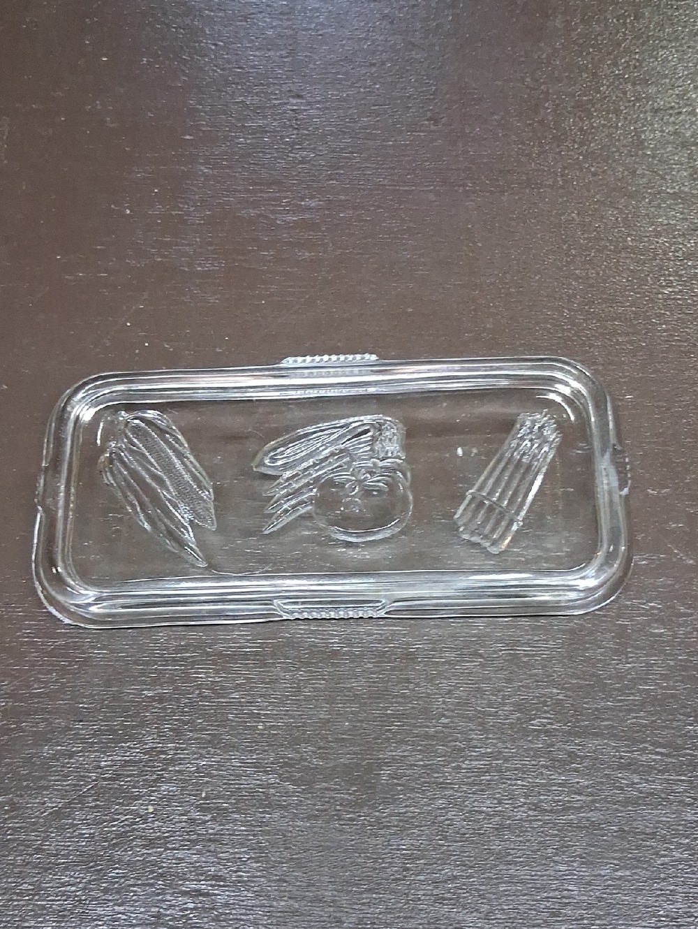 Vintage Federal Glass refrigerator dish‎ lid featuring raised vegetable motifs